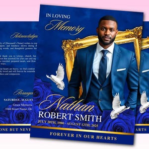 Royal Blue Roses Funeral Program Template: Order of Service Canva Template (8 Page)
