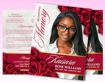 Red Roses Funeral Program Template: 8-Page Memorial Obituary (Canva Template Digital Download)