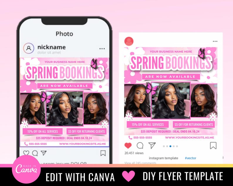 Puede incluir: Plantilla de publicaci&oacute;n de Instagram rosa y blanca con el texto "Reservas de primavera ahora disponibles". La plantilla presenta un dise&ntilde;o floral con mariposas y tres fotos de mujeres con cabello largo y oscuro. El texto tambi&eacute;n incluye un n&uacute;mero de tel&eacute;fono, una direcci&oacute;n de sitio web y el texto "15% de descuento en todos los servicios" y "5 &euro; de descuento para clientes que regresan".