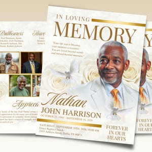 May include: A memorial card with a portrait of a man in a white suit and gold tie, with the text "In Loving Memory." The card includes the name "Nathan John Harrison" and dates, along with a quote and floral accents.
