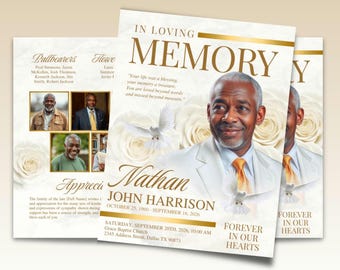 White Gold Funeral Program Template: 8 Page Celebration of Life Bifold Booklet (Canva, 17" x 11")