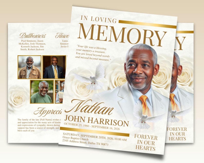 May include: A memorial card featuring a portrait of a man in a white suit and gold tie, with the words "In Loving Memory." The card includes the name "Nathan John Harrison" and dates, a quote, and floral decorations.