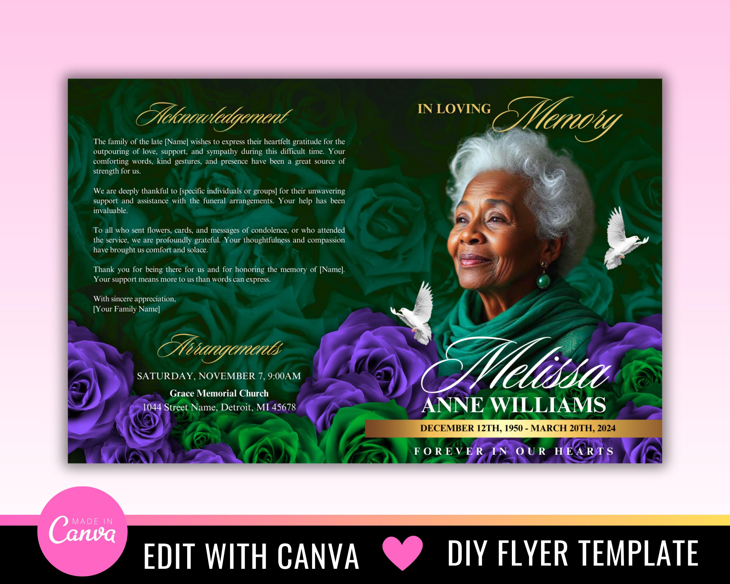 Green Purple Roses Funeral Program Template: in Loving Memory (8 Pages ...