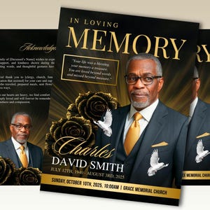 Può includere: Un annuncio commemorativo con il ritratto di un uomo in giacca e cravatta, cravatta dorata e occhiali. Il design presenta rose dorate, colombe e il testo "In Loving Memory" e il nome "Charles David Smith".