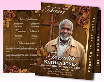 Rustic Brown Floral Funeral Program Template: Celebration of Life (Canva, 8 Pages)