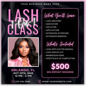 1 On 1 Lash Class Flyer, Lash Training, Lash Course Flyer, Lash Masterclass Flyer, Lashes Extensions Lash Tech Social Media Canva Template