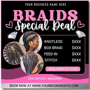 Braids Flyer, Braids Special Flyer, Braids Sale, Braider Flyer, Braids Deal, Braid Bookings, Braid Price List, Braid Flash Sale Template