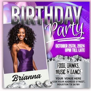 Purple Birthday Party Flyer: DIY Canva Template (4x4)