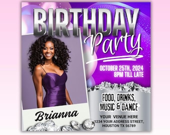 Purple Birthday Party Flyer: DIY Canva Template (4x4)