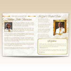 May include: A memorial booklet with gold detailing and floral decorations. The text reads "The Life & Legacy of Nathan John Harrison" and "In God's Perfect Peace." Features a portrait and scripture.