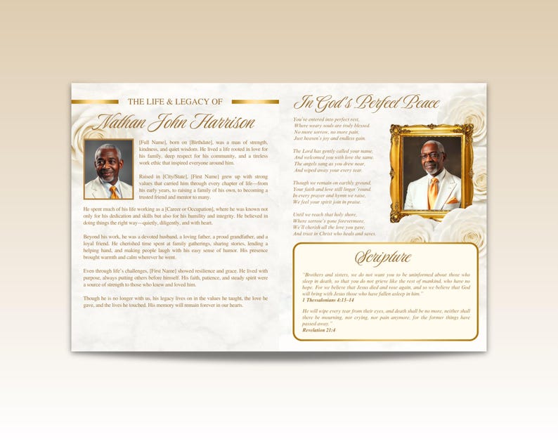 May include: A memorial booklet with gold detailing and floral decorations. The text reads "The Life & Legacy of Nathan John Harrison" and "In God's Perfect Peace." Features a portrait and scripture.