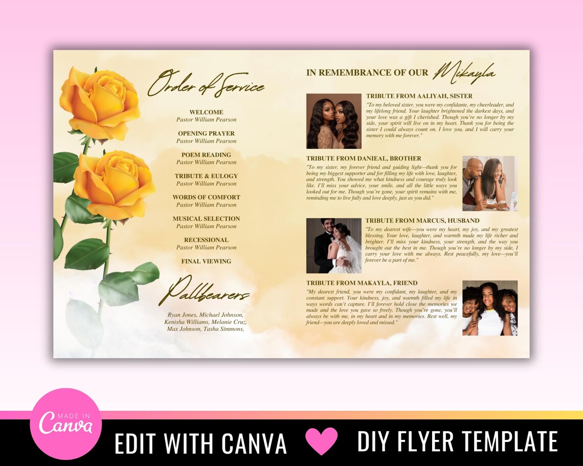 Yellow Roses Funeral Vector Yellow Roses Funeral Program Template: 8-page Obituary Booklet (canva ...