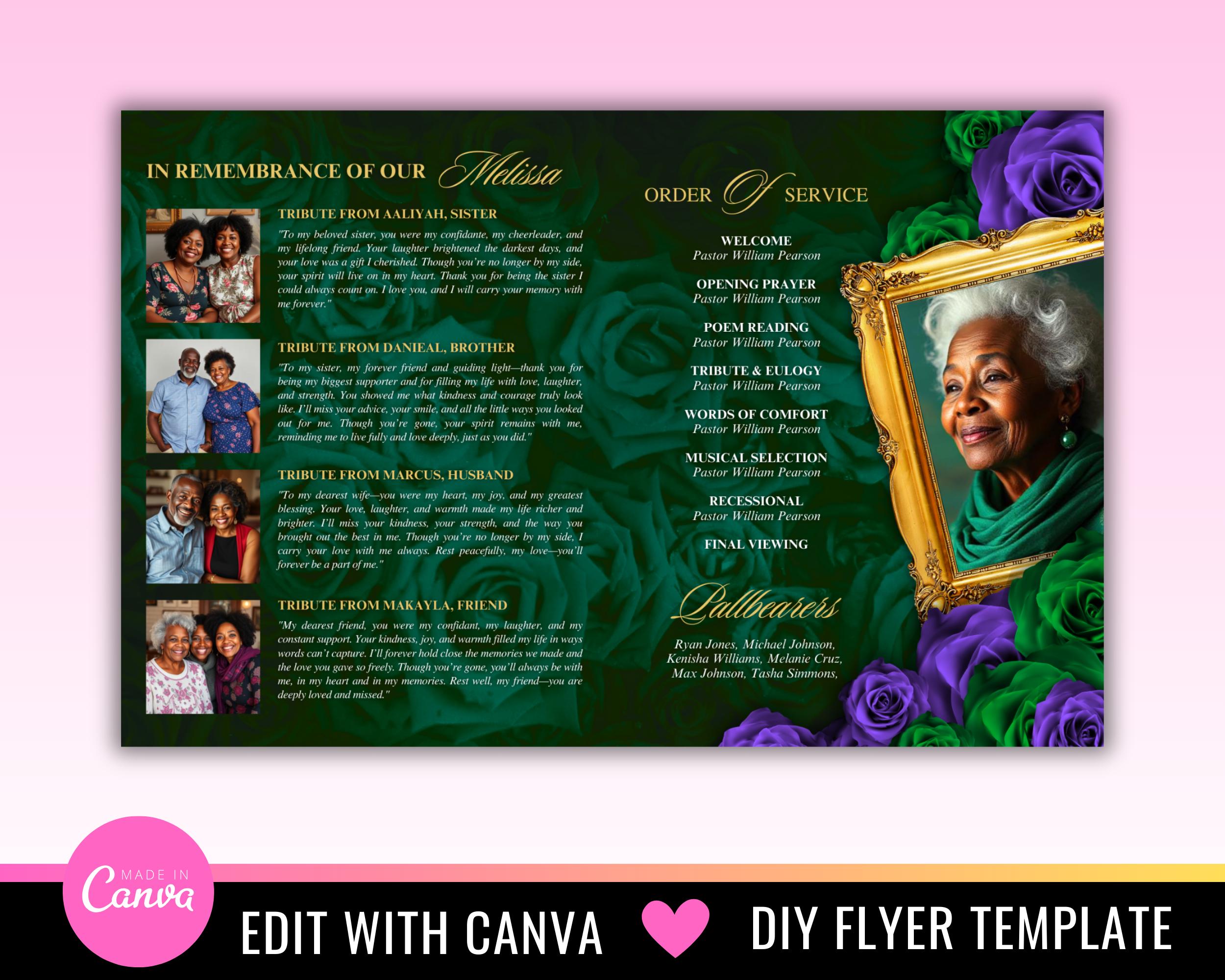 Green Purple Roses Funeral Program Template: in Loving Memory (8 Pages ...