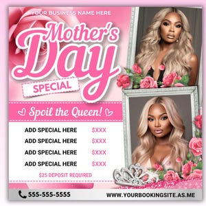 Boekingsflyer Moederdag, speciale Moederdagflyer, boekingsflyer mei, Moederdagdeals Haarvlechten Make-up Nagels Wimperpruiken MUA installeren