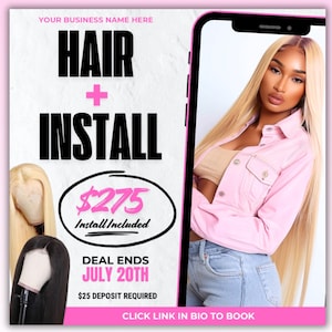 Puede incluir: Un anuncio gráfico rosa y blanco anuncia servicios de cabello e instalación por 275 €. El anuncio incluye una foto de una mujer con el pelo largo y rubio que lleva una chaqueta vaquera rosa y unos vaqueros azules. El texto "DEAL ENDS JULY 20TH" y "25 € DE DEPÓSITO REQUERIDO" también está incluido.