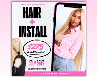 Wig Install Flyer: Hair Deal Canva Template (1080x1080 px)