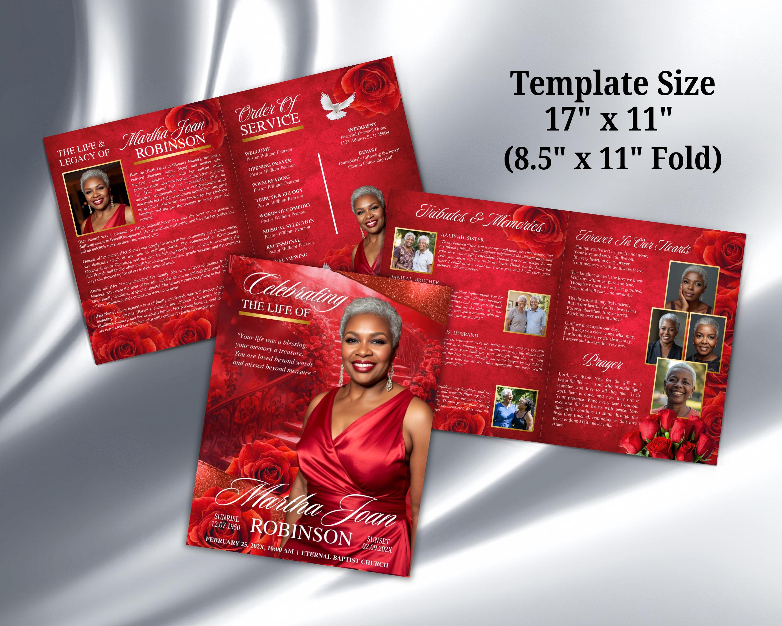 Red Roses With Gold Funeral Program Template, Memorial Order of Service ...