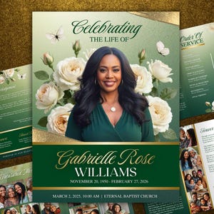 May include: A memorial service program with a portrait of a woman, surrounded by white roses and butterflies. The program includes the text "Celebrating the Life of Gabrielle Rose Williams" and event details.