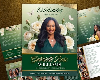 Green with Gold Accent Funeral Program Template: 8-Page Celebration of Life Obituary Bifold Booklet (Canva, 17"x11")