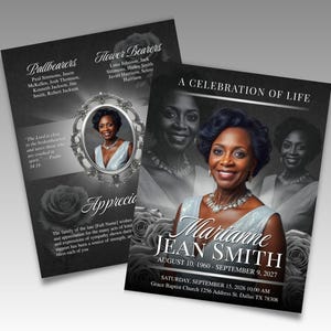 May include: Two memorial cards with a black and white design. One card features a portrait in an ornate frame, while the other displays a portrait of a woman with the text "A Celebration of Life" and the name "Marianne Jean Smith".