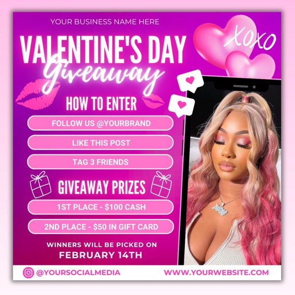 Valentines Day Giveaway Flyer, Valentines Day Raffle Flyer, Valentines Contest, February Giveaway, Boutique Hair Nails Lashes Makeup