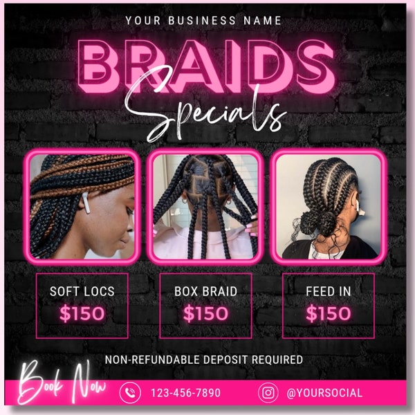 Braids Flyer Template, Braids Special Flyer, Braids Price List, Book Now, Appointments Available, Hair Salon Flyer, Braids Flash Sale Flyer
