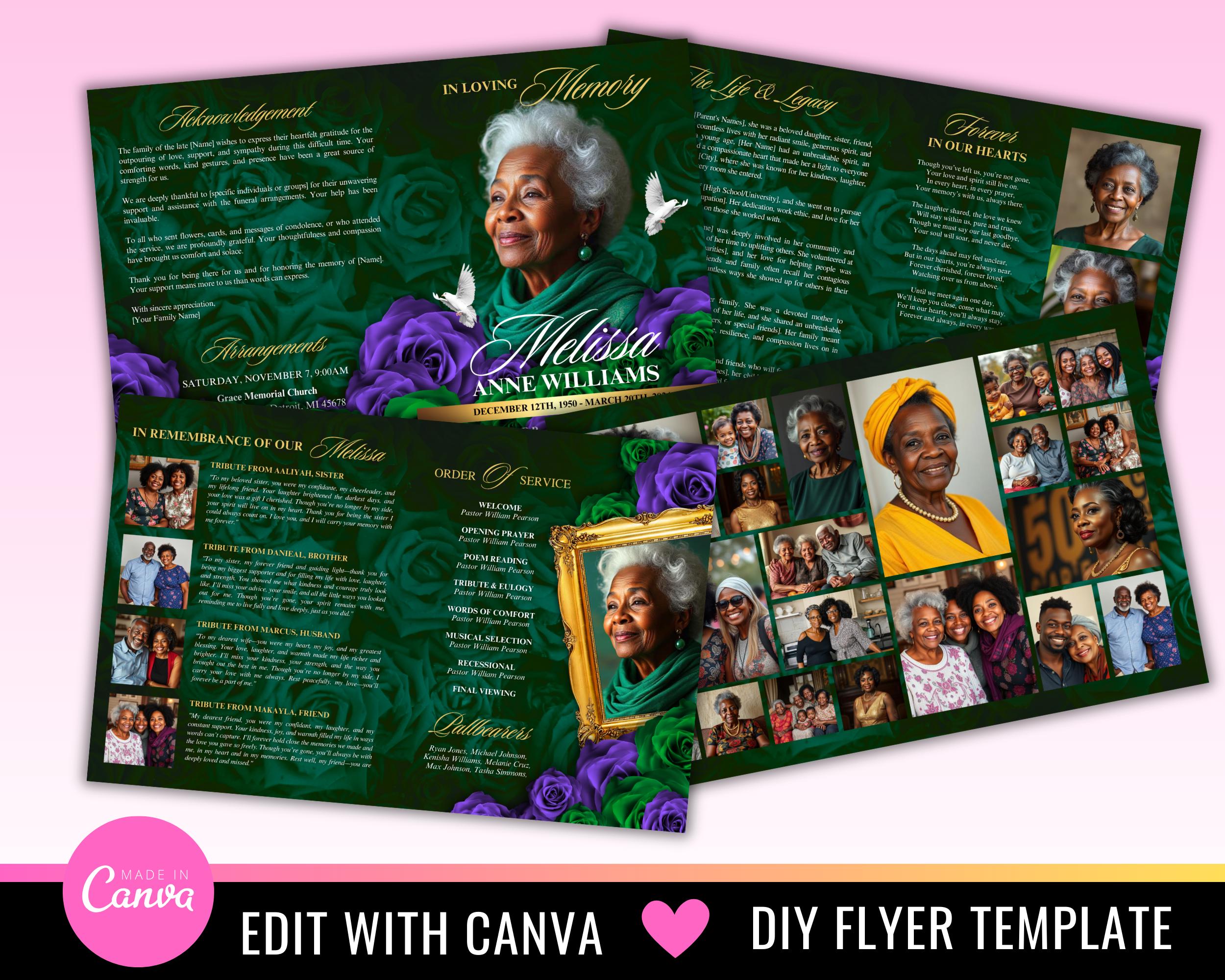 Green Purple Roses Funeral Program Template: in Loving Memory (8 Pages ...