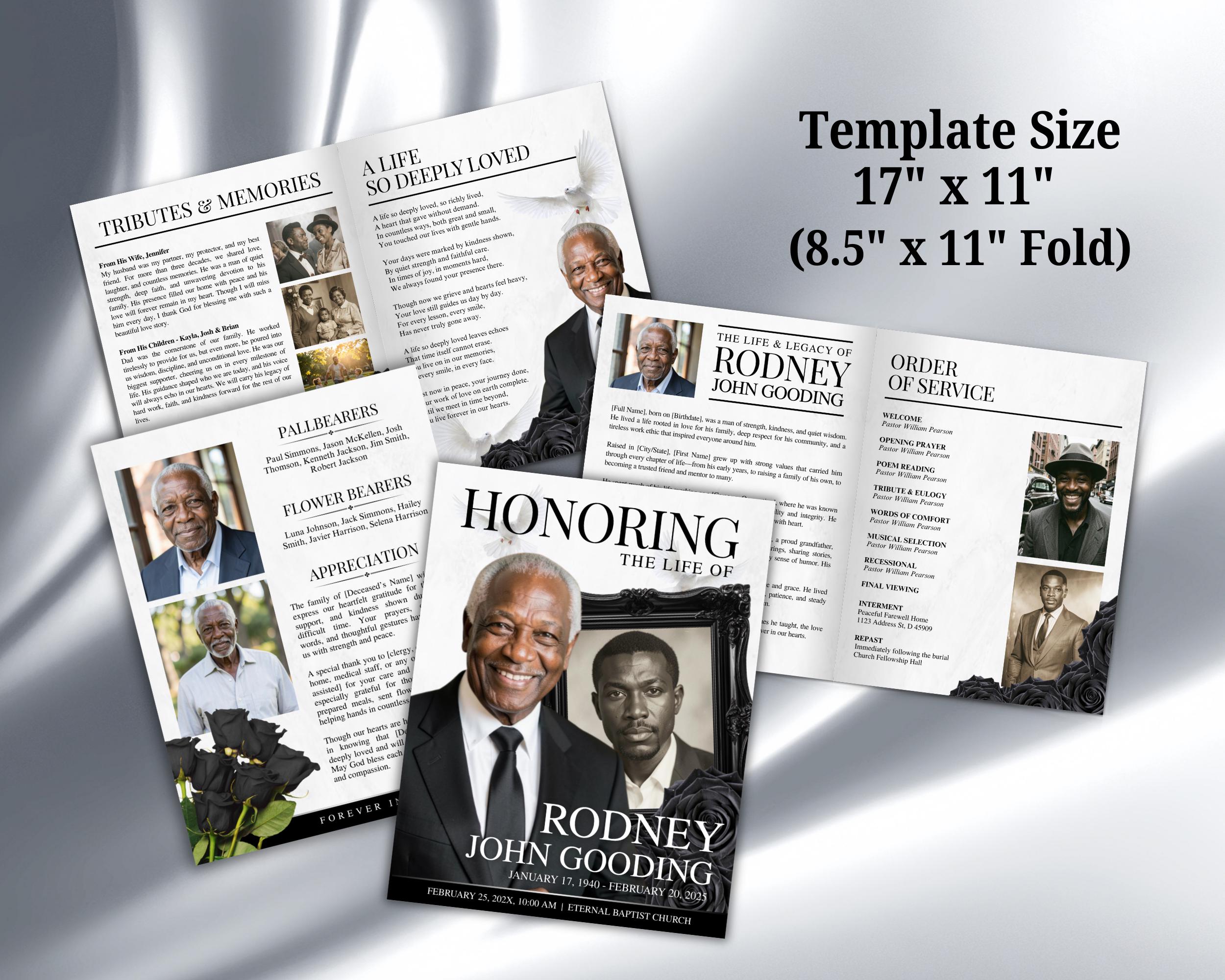 Black & White Funeral Program Template, Minimalist 8 Page Memorial