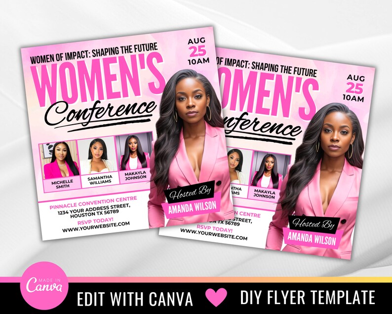 Puede incluir: Un folleto rosa con el texto "Women's Conference" en una fuente blanca en negrita. El folleto anuncia una conferencia para mujeres, con la fecha y la hora indicadas como el 25 de agosto a las 10:00 a. m. El folleto tambi&eacute;n incluye los nombres de las oradoras, Michelle Smith, Samantha Williams y Makayla Johnson. El folleto est&aacute; organizado por Amanda Wilson.