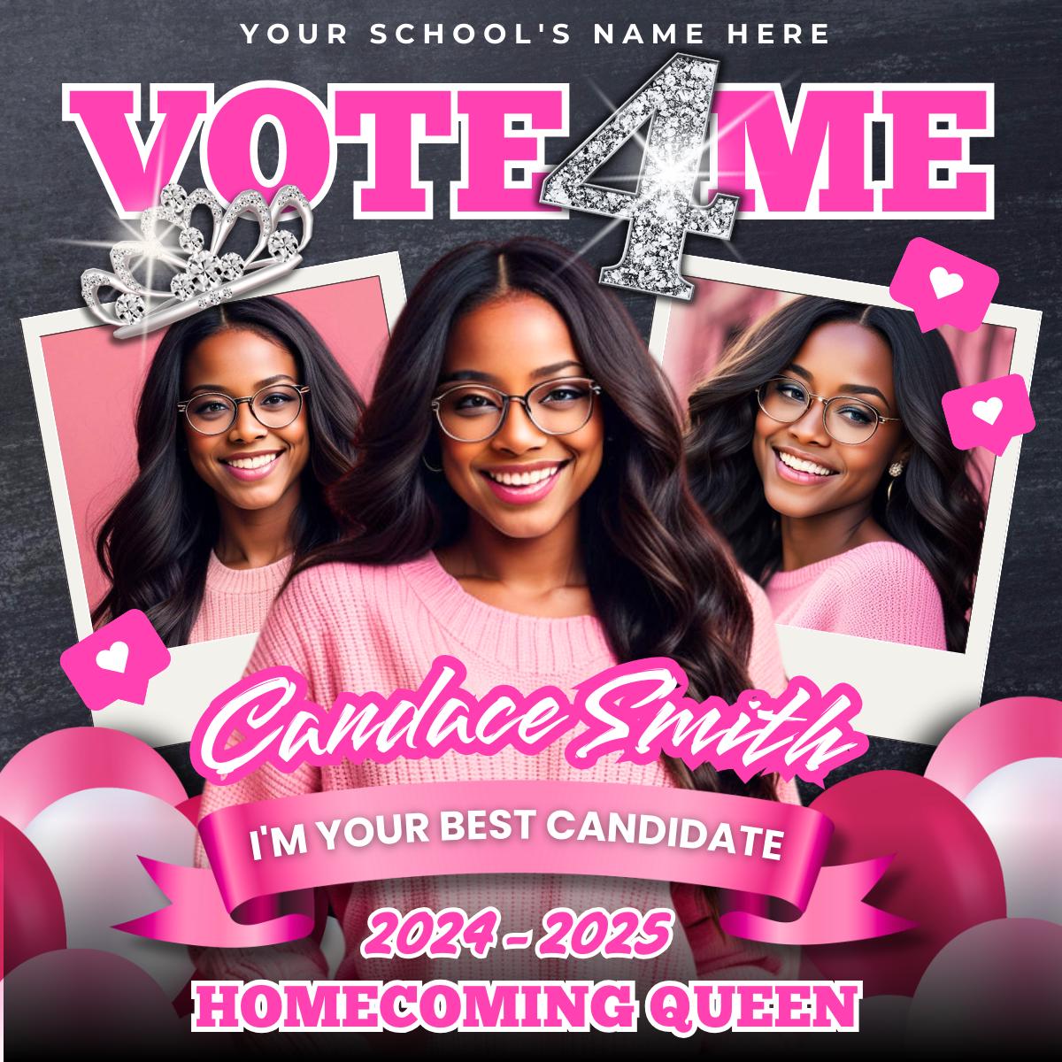Pink Vote Homecoming Queen Flyer: DIY Canva Template (4x4 Inch) - Etsy