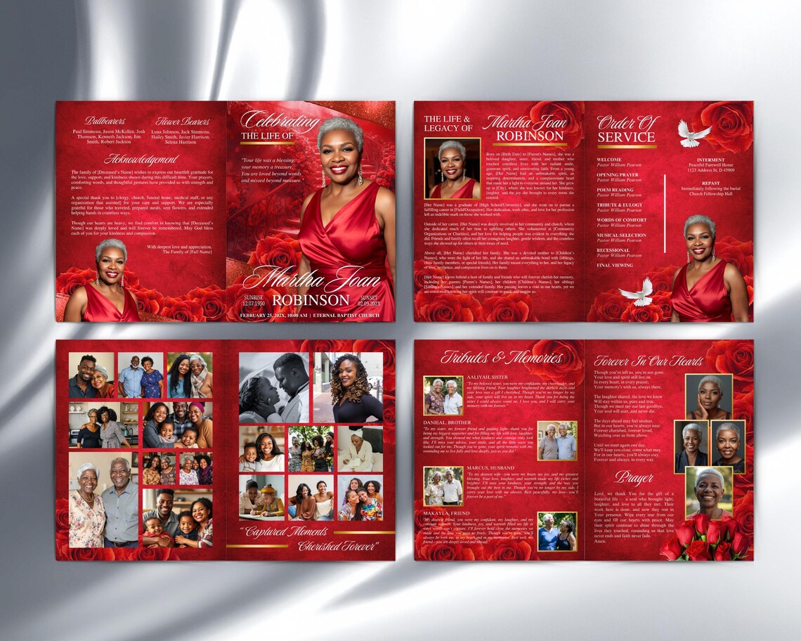 Red Roses With Gold Funeral Program Template, Memorial Order of Service ...