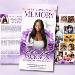 May include: A memorial card with a portrait of Isabel Jane Jackson, surrounded by purple roses and doves. The card includes the text "In Loving Memory" and details of her life, including birth and death dates.
