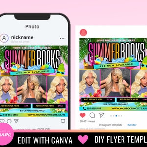 May include: A pink and blue Instagram post template with the text "SUMMER BOOKS ARE NOW AVAILABLE" and a collage of three photos of women with blonde hair. The text "ADD SERVICE HERE" and "&pound;25 DEPOSIT REQUIRED" are also included in the template.
