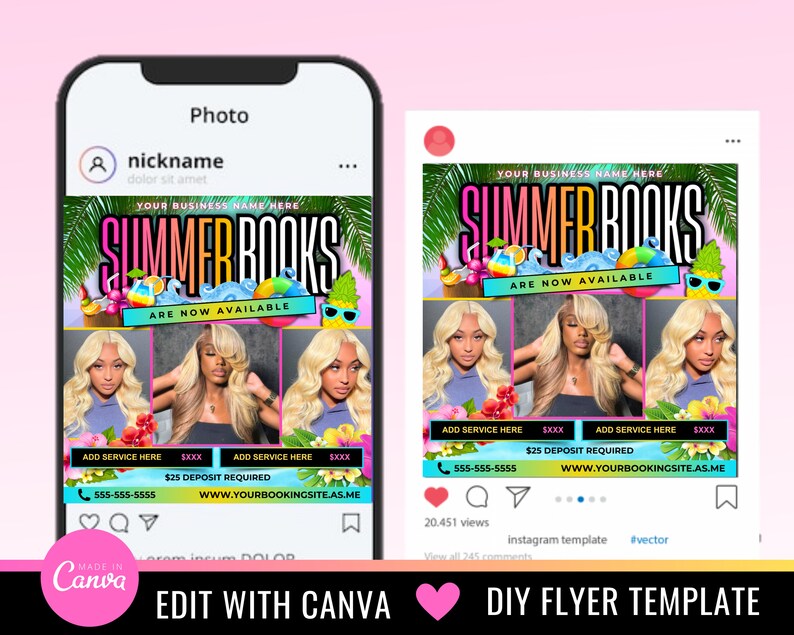 May include: A pink and blue Instagram post template with the text "SUMMER BOOKS ARE NOW AVAILABLE" and a collage of three photos of women with blonde hair. The text "ADD SERVICE HERE" and "&pound;25 DEPOSIT REQUIRED" are also included in the template.