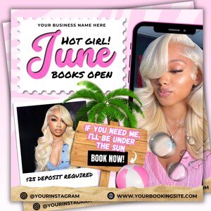 June Booking Flyer: Hair, Nails, Lashes, Makeup Canva Template (Digital Download)