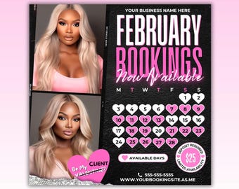 February Bookings Flyer, Valentine's Day Promo, Hair, Lashes, Nails Canva Template (Digital Download)