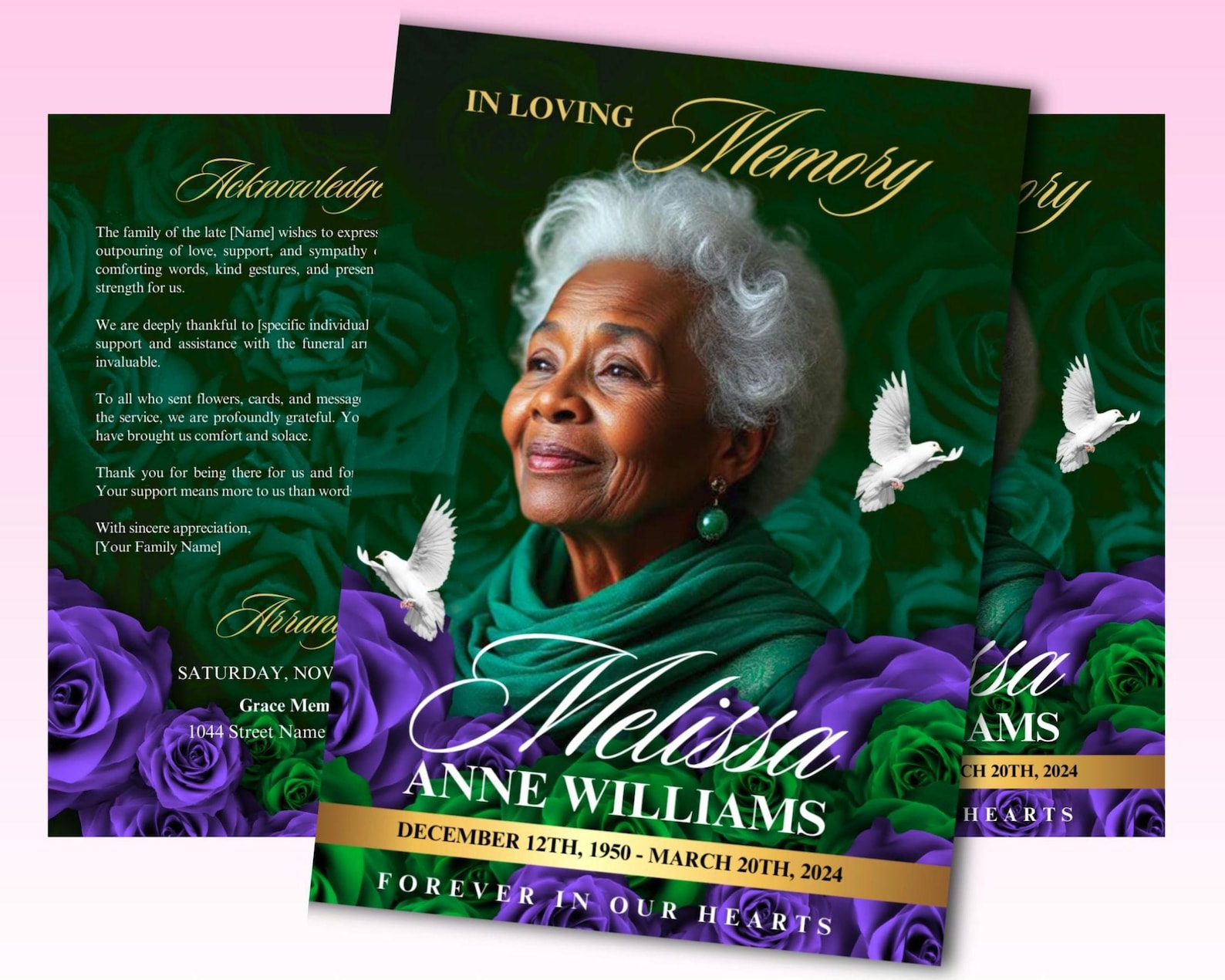 Green Purple Roses Funeral Program Template: in Loving Memory (8 Pages ...
