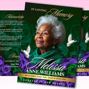 8 Page Green Purple Roses Funeral Program, 17&quot; X 11&quot; Obituary Program Template Memorial Program Celebration Of Life Program In Loving Memory