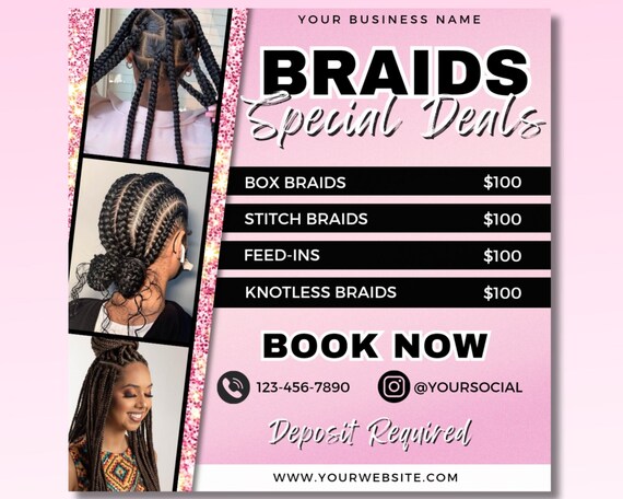 Braids Salon Flyer Template: Special Deals, Appointments (Canva Editable)