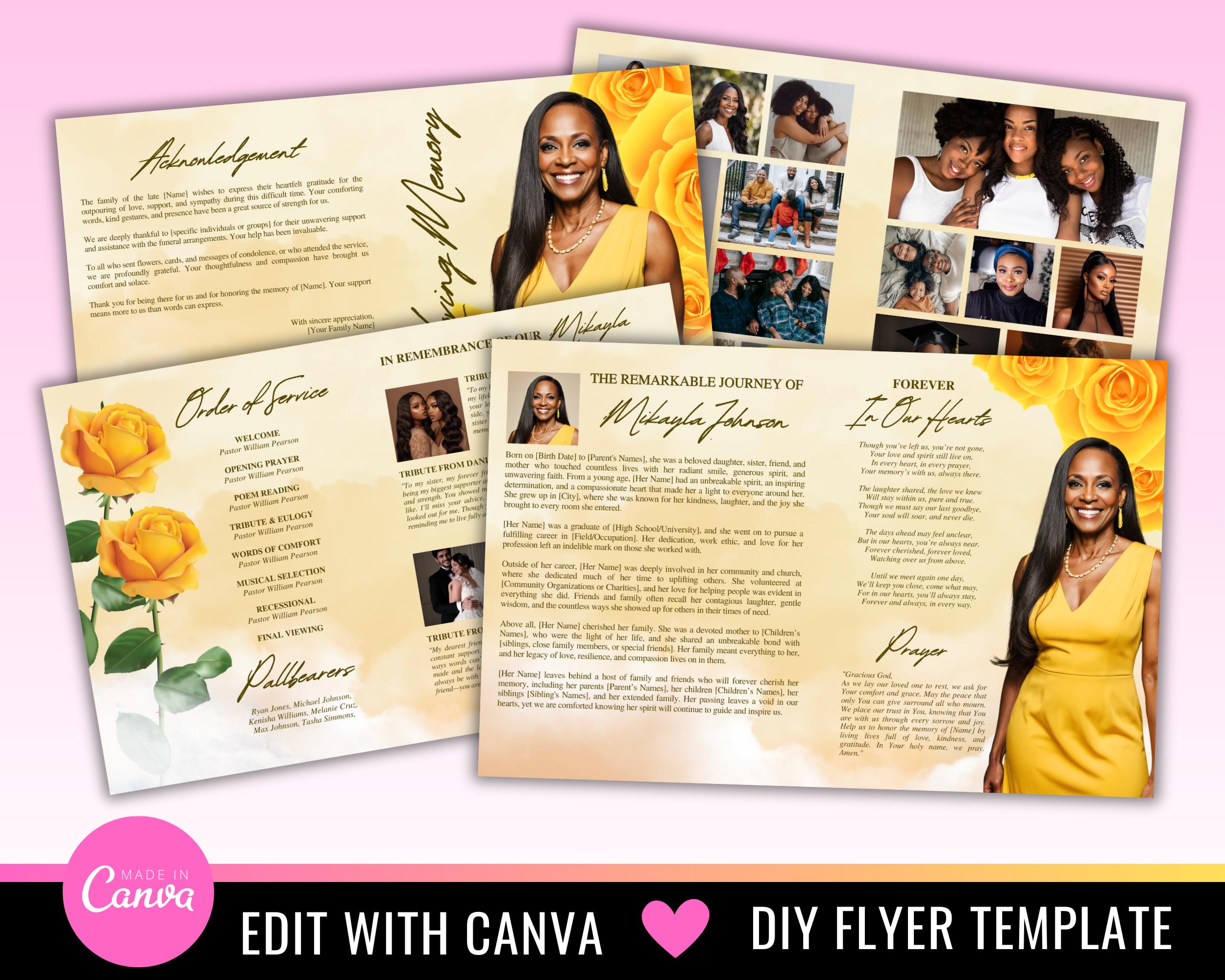 Yellow Roses Funeral Vector Yellow Roses Funeral Program Template: 8-page Obituary Booklet (canva ...
