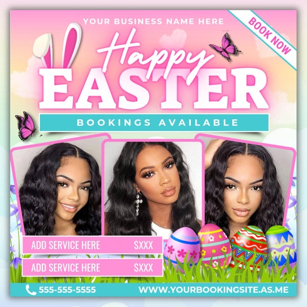 Easter Booking Flyer, Easter Books Open, Easter Special Flyer, Easter Appointments, Hair Braids Makeup Wigs Lashes Nails MUA March Bookings