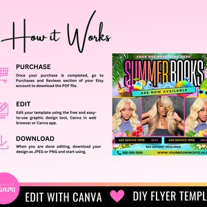 May include: A pink and yellow flyer template for a business called "Summerbooks". The flyer features a tropical theme with palm trees, pineapples, and a beach scene. The text "Summerbooks are now available" is displayed in a bold, white font. The flyer also includes a phone number, website address, and a deposit requirement.