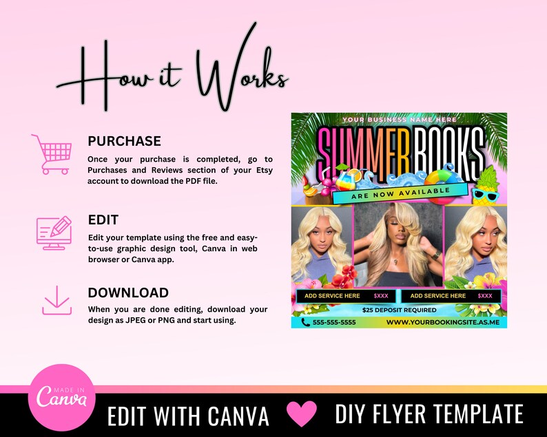 May include: A pink and yellow flyer template for a business called "Summerbooks". The flyer features a tropical theme with palm trees, pineapples, and a beach scene. The text "Summerbooks are now available" is displayed in a bold, white font. The flyer also includes a phone number, website address, and a deposit requirement.