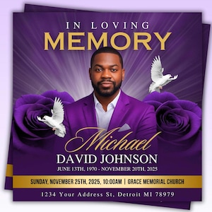 Purple Gold Funeral Announcement Flyer, Funeral Invitation, Funeral Announcement, Obituary Flyer Celebration Of Life In Loving Memory Invite