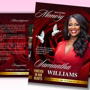 May include: A red and gold funeral announcement card with a photo of a woman in a red dress. The card reads "In Loving Memory" and "Samantha Williams" with the dates "August 21st, 1990 - October 1st, 2024". The card also includes a quote from Romans 14:8.