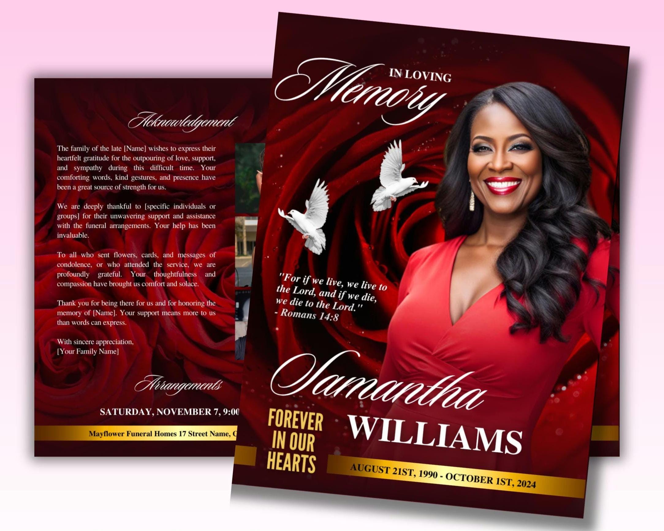 Red Gold Funeral Program Template: 4-Page Bifold (Digital Download)