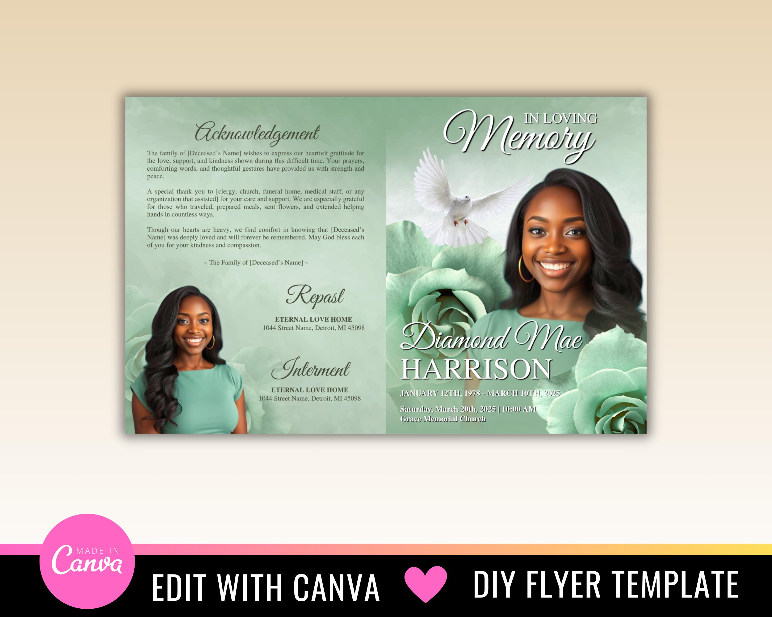 Green Roses Funeral Program Template: 8-page Memorial (canva, Digital ...