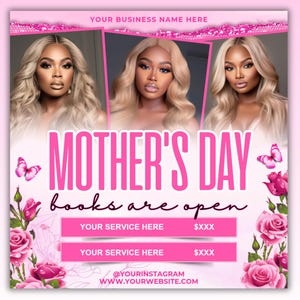 Boekingsflyer Moederdag, boekingsflyer mei, speciale Moederdagflyer, Moederdagdeals Haarvlechten Make-up Nagels Wimperpruiken MUA installeren