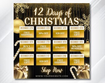 Gold 12 Days of Christmas Flyer, Christmas Sale Flyer, Christmas Deal Flyer, Holiday Special Flyer, Christmas Discount Promo Social Media