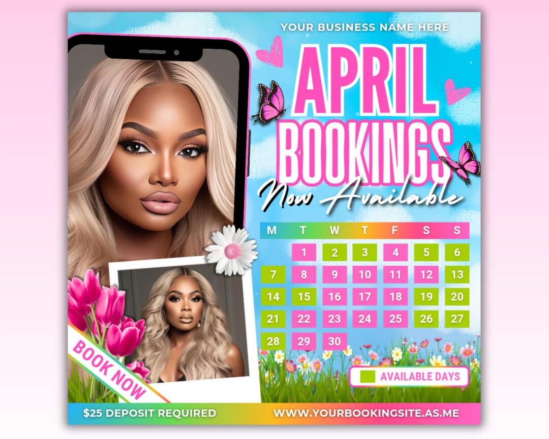 April Booking Calendar Flyer, Hair, Nails, Lashes Canva Template ...